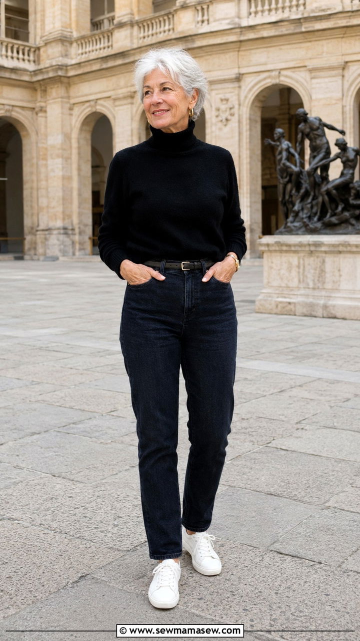Black Turtleneck and High Waisted Jeans Outfit - 30 Parisian outfits for women over 60
