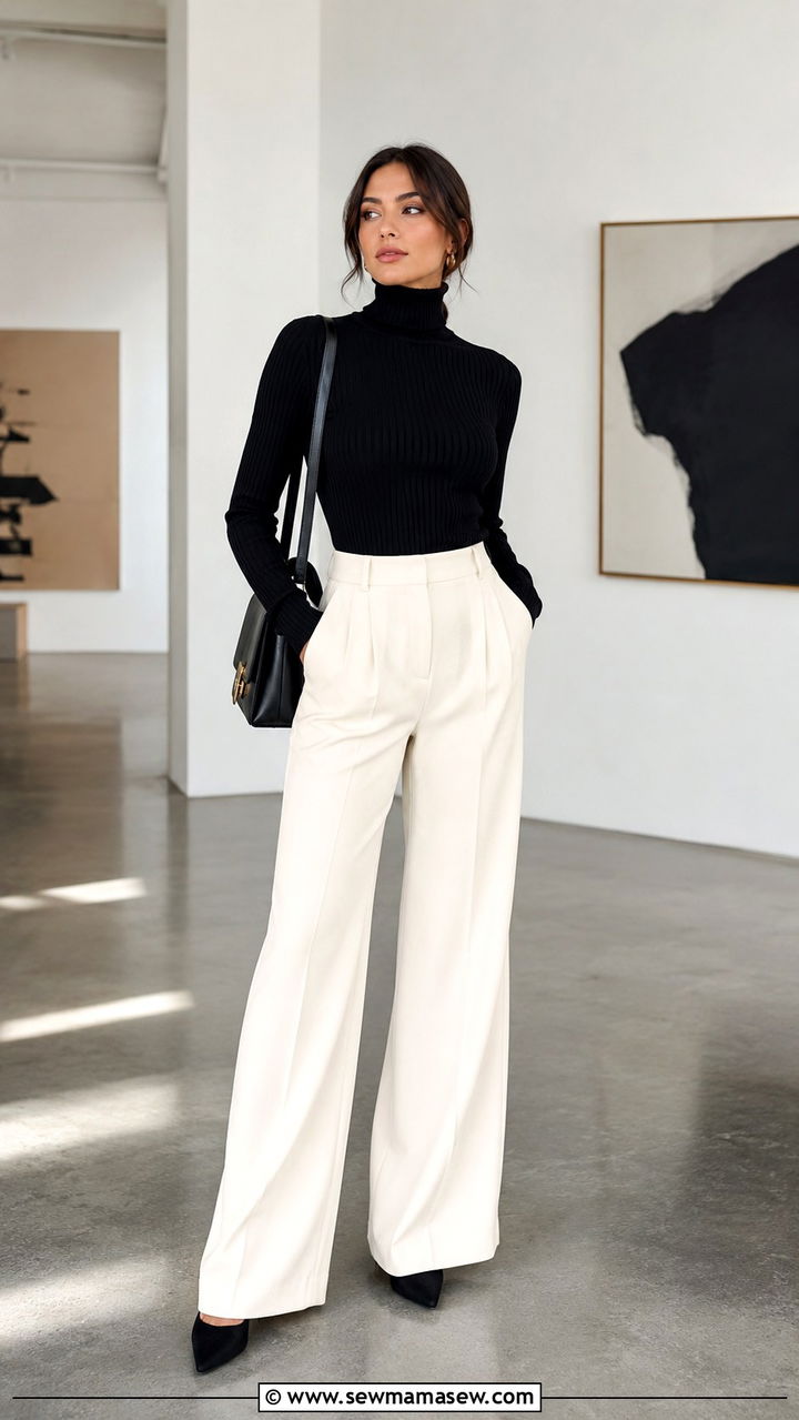 Black Turtleneck and Ivory Wide Leg Pants Outfit - 20 Quiet luxury outfit ideas Succession Logan