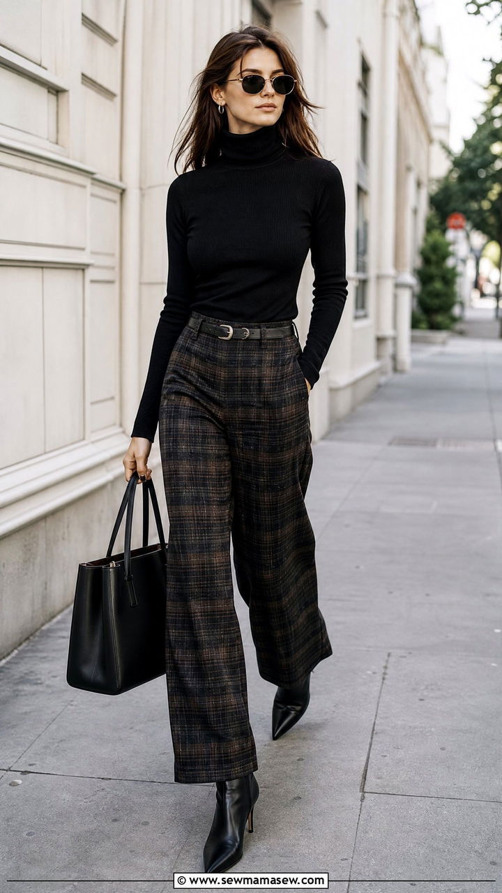 Black Turtleneck and Plaid Tailored Trousers - 25 classy grunge outfits