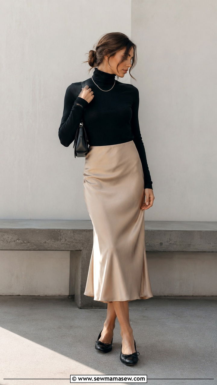 Black Turtleneck and Satin Slip Skirt - 30 model off duty outfits for women
