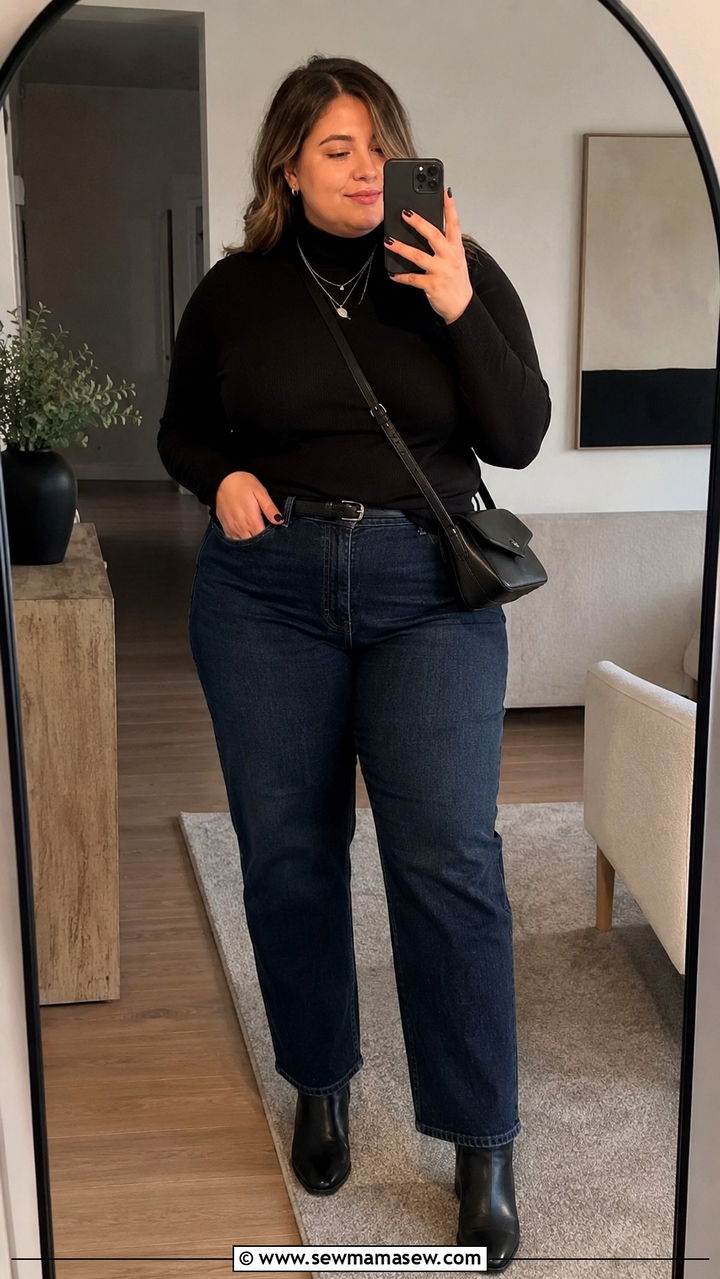 Black Turtleneck and Straight Leg Jeans Outfit - 30 Minimalist outfit ideas plus size