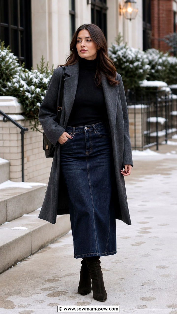 Black Turtleneck and Suede Knee High Boots with Denim Maxi Skirt - 40 denim skirt outfits