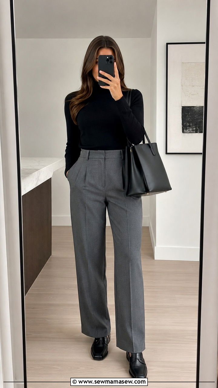 Black Turtleneck and Tailored Grey Wool Trousers Outfit - 30 Quiet luxury wardrobe essentials