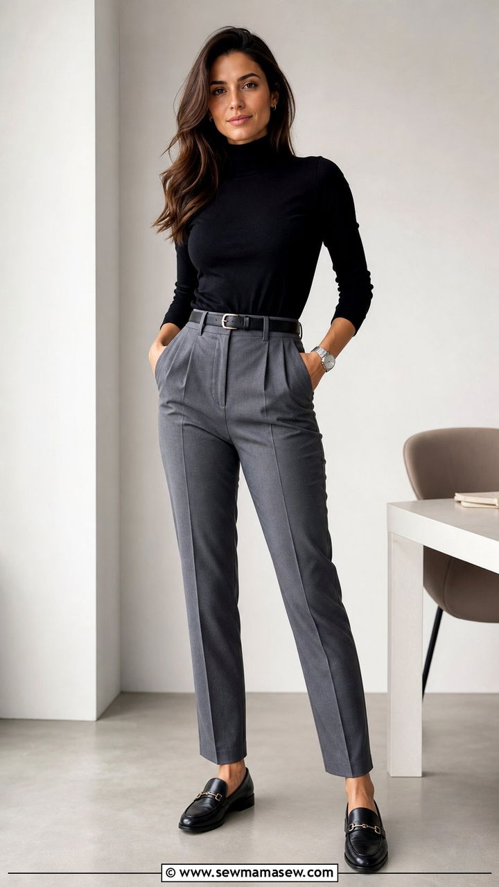 Black Turtleneck and Tailored Trousers Office Look - 25 Clean girl work outfit ideas