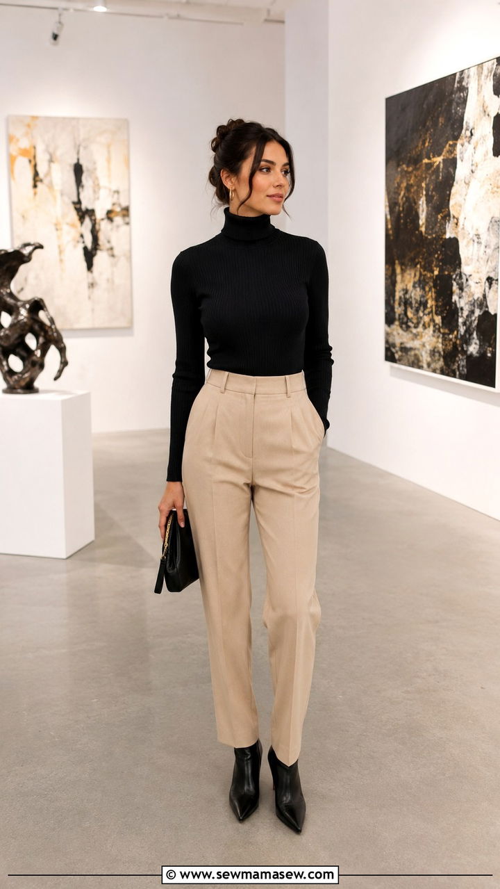 Black Turtleneck and Tailored Trousers With Pointed Toe Ankle Boots - 20 Art gallery opening outfit ideas