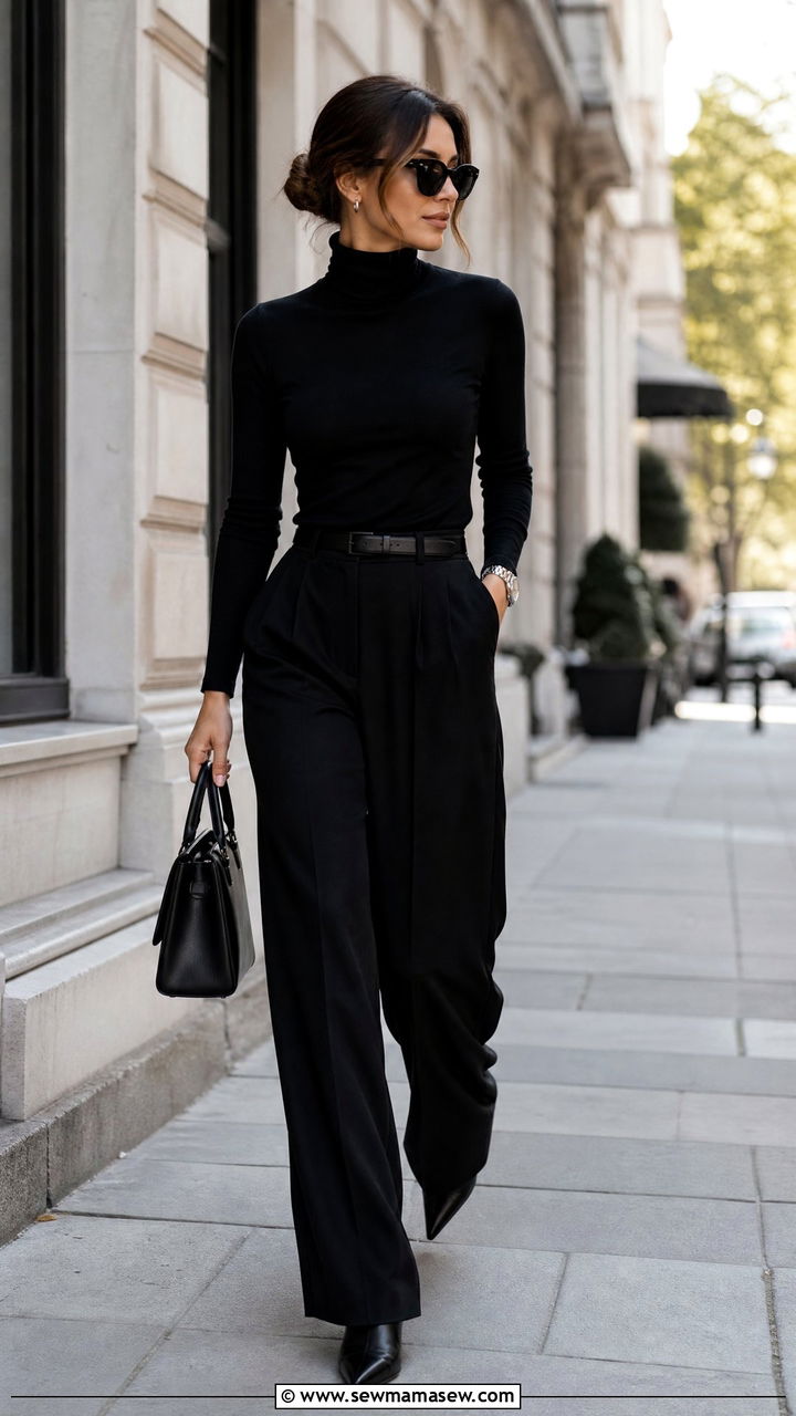 Black Turtleneck and Tailored Wide Leg Pants - 30 clean girl outfits to copy