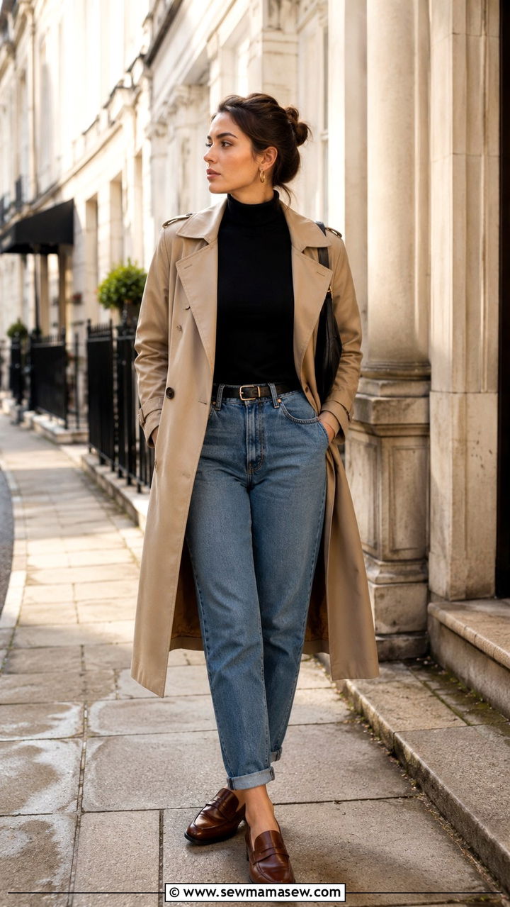 Black Turtleneck and Trench Coat with Jeans - 25 Old money outfit ideas with jeans