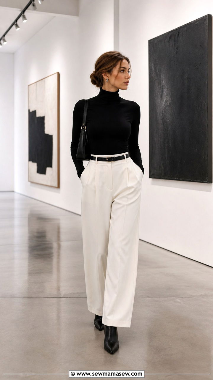 Black Turtleneck and White Trousers - 40 Minimalist outfit ideas