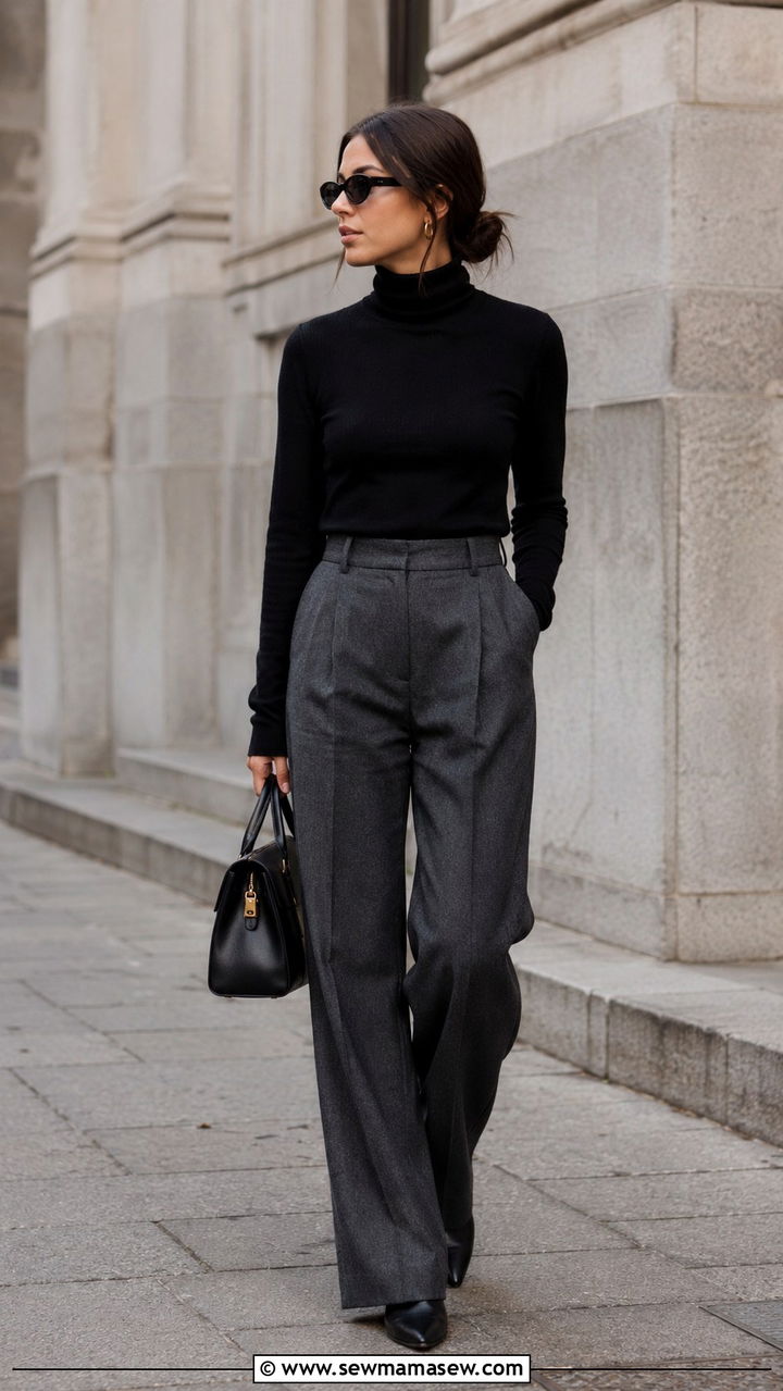 Black Turtleneck and Wool Trousers Outfit - 30 Minimalist travel outfits