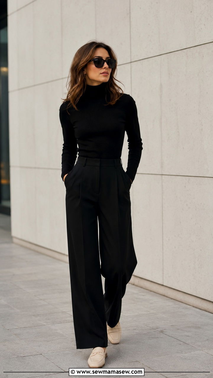 Black Turtleneck with Black Wide Leg Trousers and Cream Loafers - 30 loafers outfit ideas for women