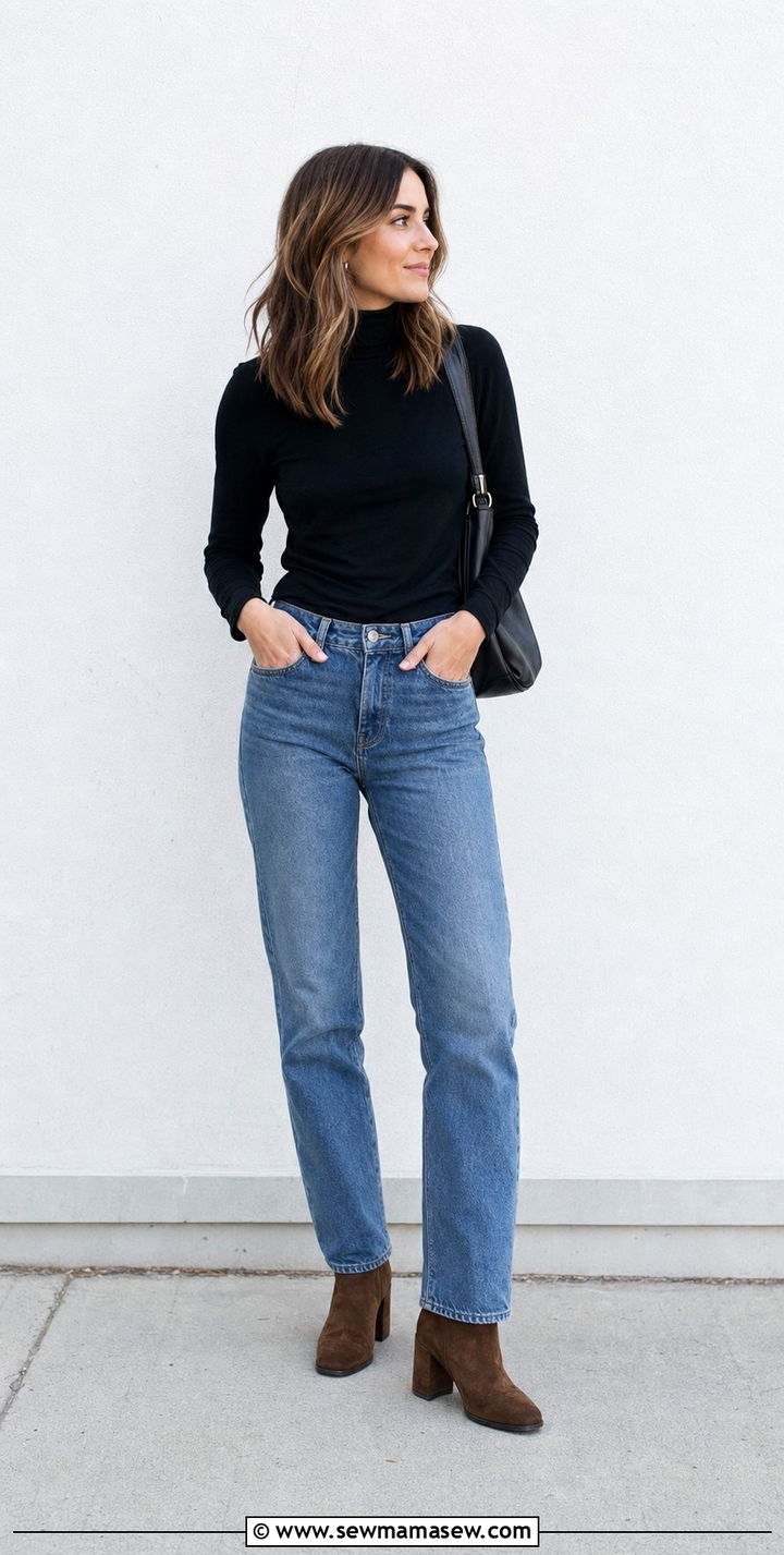 Black Turtleneck with Blue Jeans and Brown Suede Boots - 25 spring model off duty outfit ideas