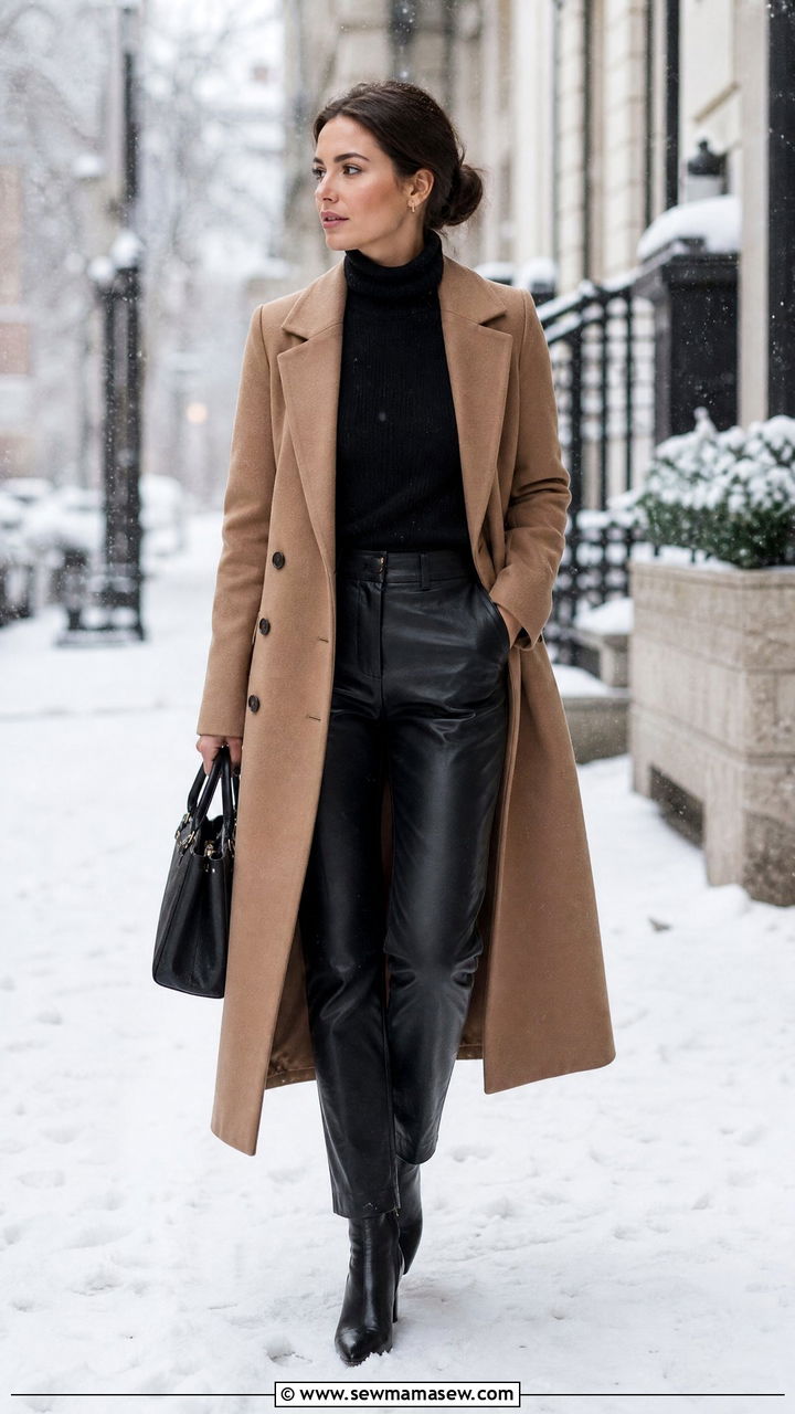 Black Turtleneck with Camel Coat and Leather Trousers - 25 Old money outfit ideas for travel