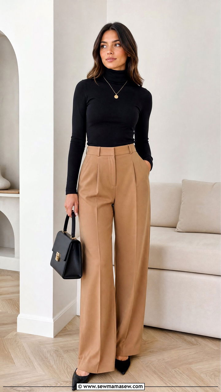 Black Turtleneck with Camel Wide Leg Trousers and Pointed Flats - 25 classy clean girl outfits