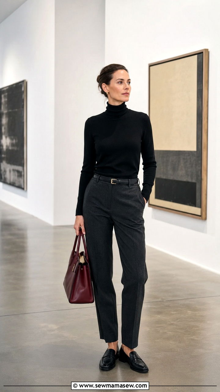 Black Turtleneck with Charcoal Trousers and Structured Leather Bag - 20 Quiet luxury outfit ideas for women over 50