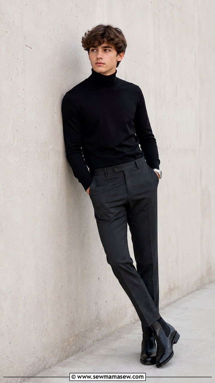 Black Turtleneck with Charcoal Trousers - 30 Senior photo outfit ideas for guys