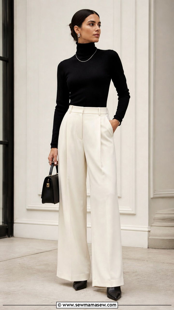 Black Turtleneck with Cream Wide Leg Pants - 40 Clean girl outfit ideas