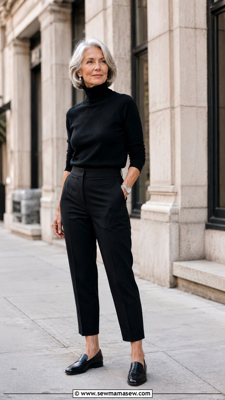 Black Turtleneck with Cropped Black Trousers - 30 Minimalist outfits for women over 60