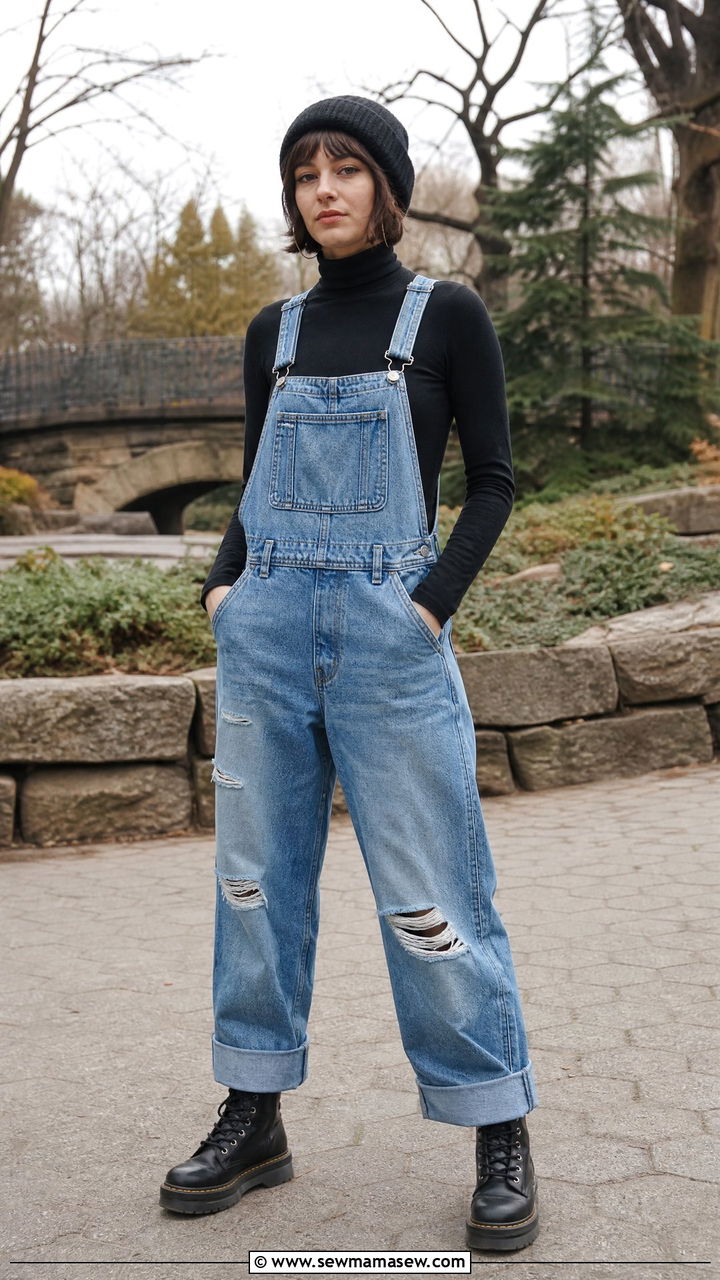 Black Turtleneck with Denim Overalls and Beanie - 35 grunge outfit ideas for women