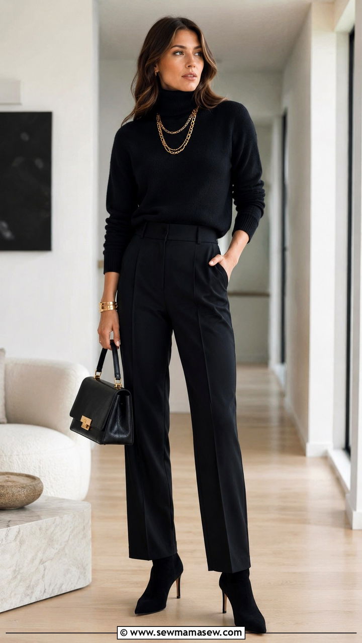Black Turtleneck with Gold Jewelry - 25 Rich aunt outfit ideas