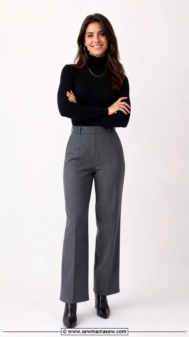Black Turtleneck with Gray Trousers and Gold Jewelry - 25 Professional headshot outfit ideas