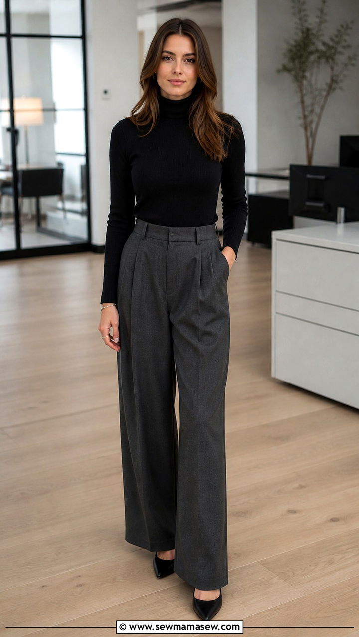 Black Turtleneck with Gray Wide Leg Trousers - 40 classy work outfits