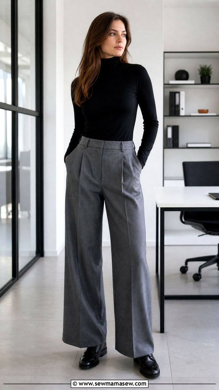 Black Turtleneck with Gray Wide Leg Trousers and Oxford Shoes - 40 Business casual outfit ideas for women