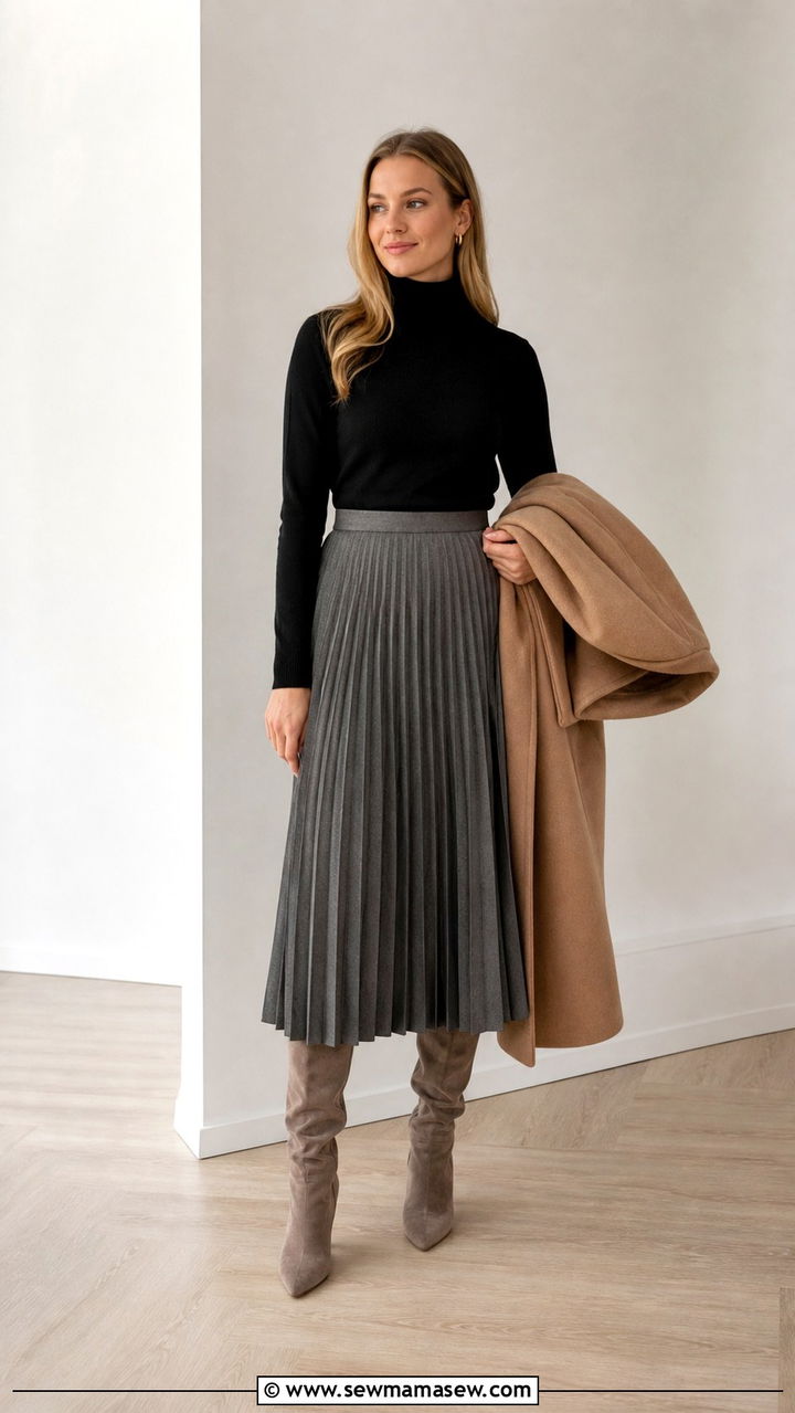 Black Turtleneck with Grey Pleated Midi Skirt and Knee High Boots - 40 office outfits ideas