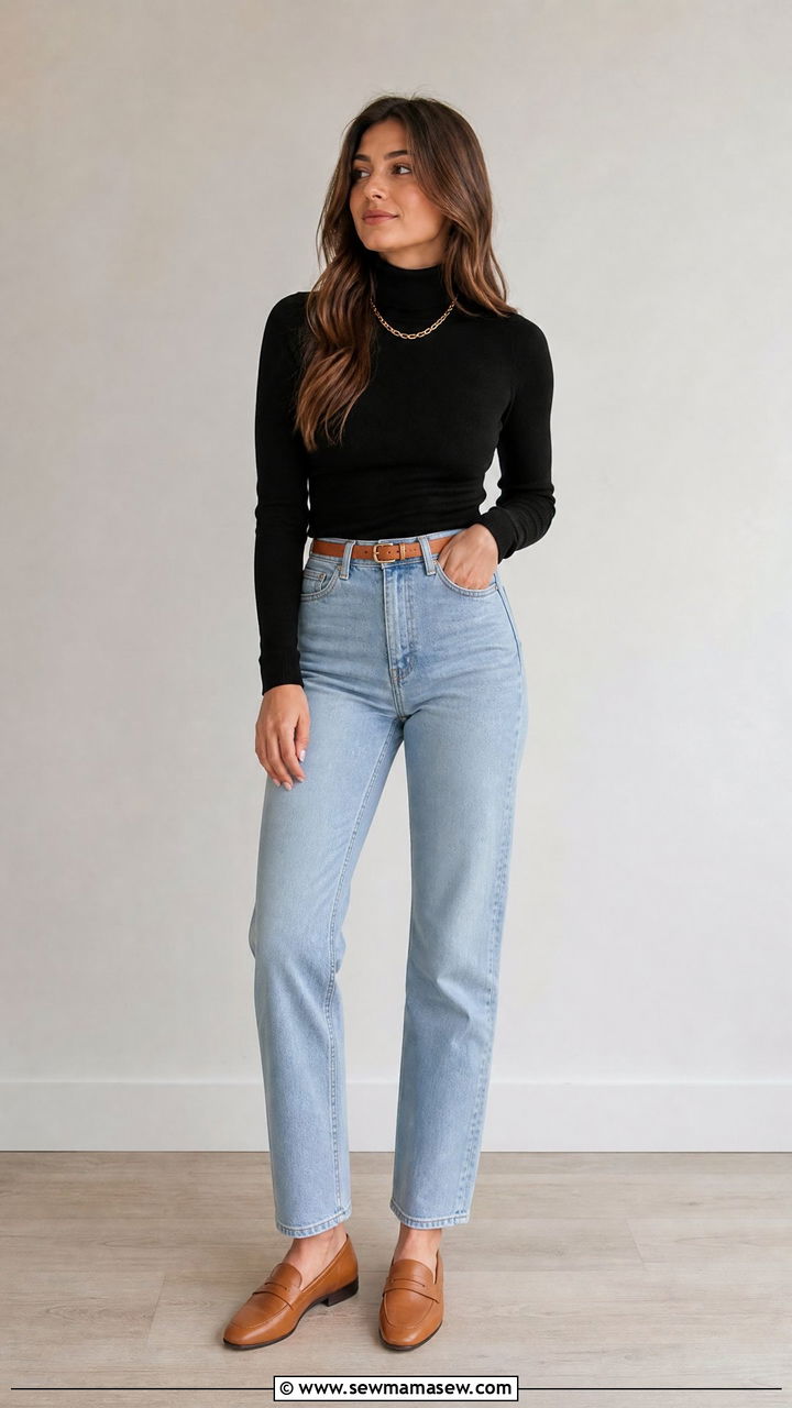 Black Turtleneck with High Waisted Jeans - 40 parisian outfits for women