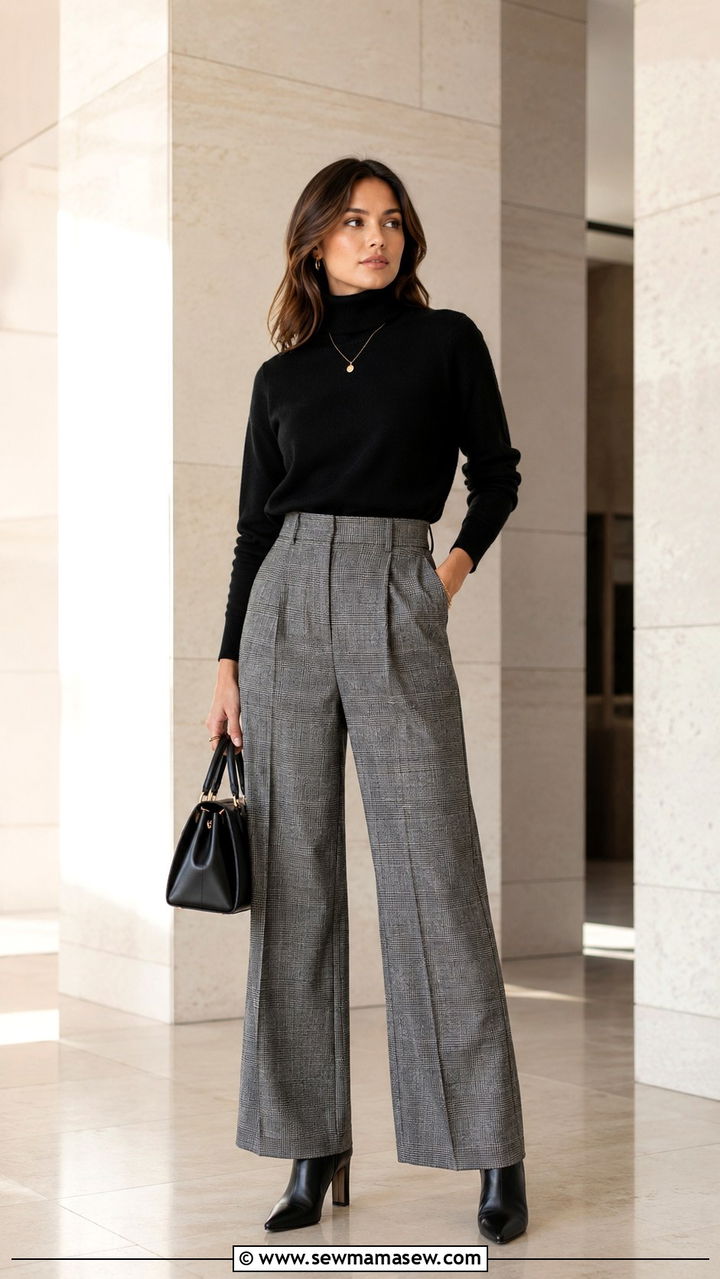 Black Turtleneck with High Waisted Plaid Trousers - 20 Quiet luxury outfit ideas Succession Shiv