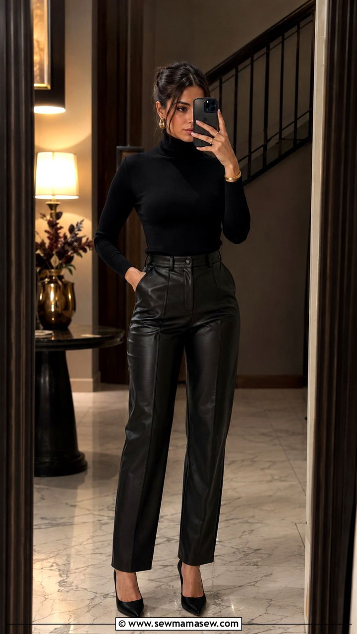 Black Turtleneck with Leather Trousers and Heels - 20 Old money outfit ideas Meghan Markle