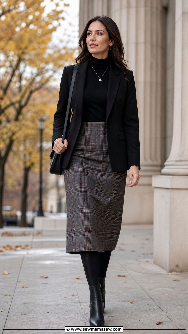 Black Turtleneck with Plaid Midi Skirt - 25 Federal court outfit ideas for women