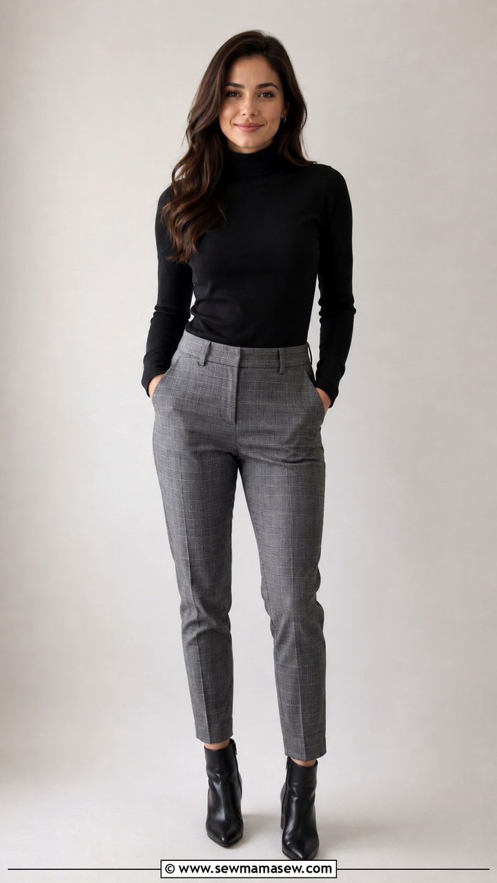 Black Turtleneck with Plaid Trousers - 30 LinkedIn photo outfit ideas