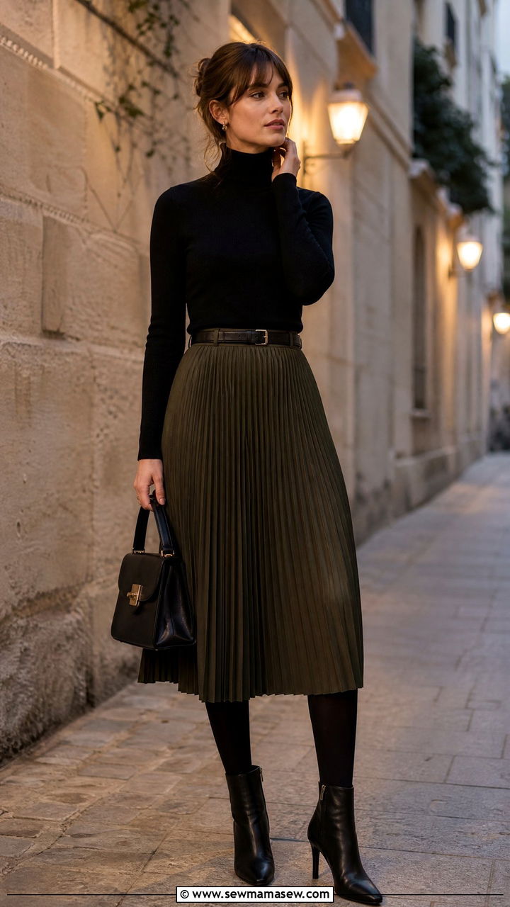 Black Turtleneck with Pleated Midi Skirt and Ankle Boots - 30 French girl outfit ideas minimalist