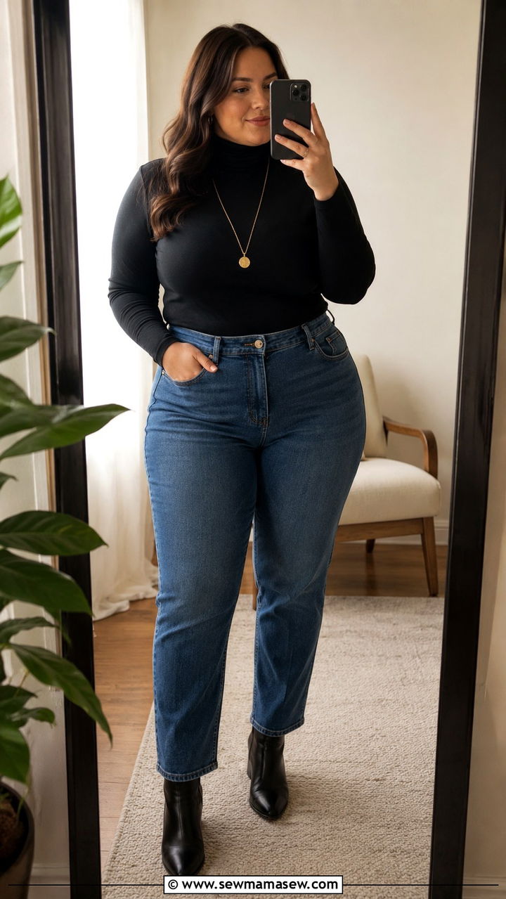 Black Turtleneck with Straight Leg Jeans - 25 Plus size outfit ideas for 14-16