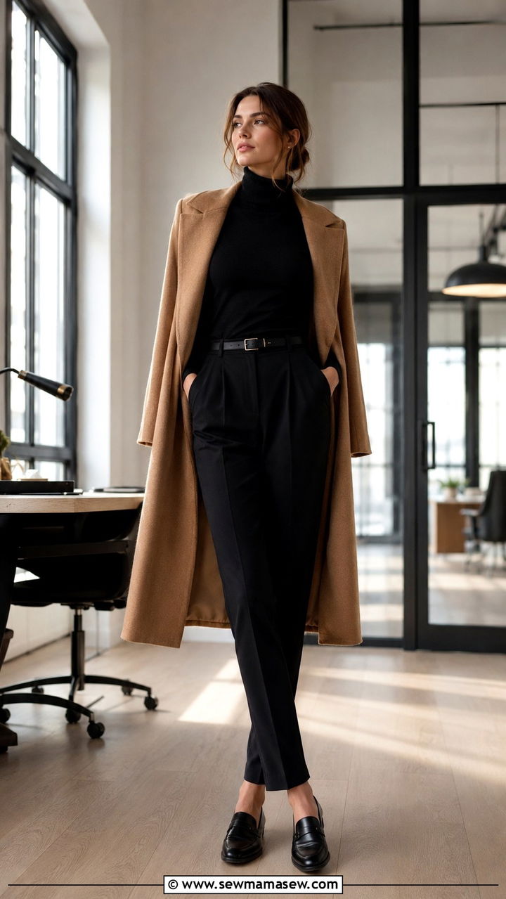 Black Turtleneck with Tailored Trousers and Loafers - 25 Parisian outfits for tall women