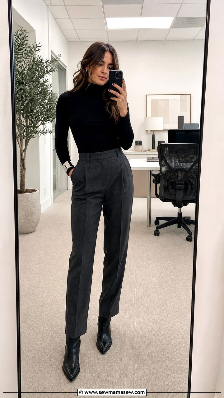 Black Turtleneck with Trousers and Western Ankle Boots - 25 Business casual outfits with boots