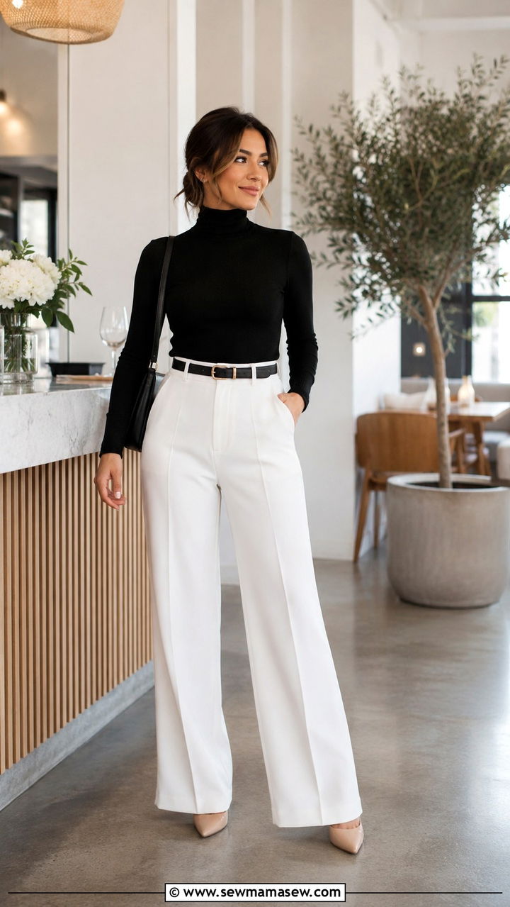 Black Turtleneck with White Wide Leg Trousers - 30 Brunch outfit ideas petite