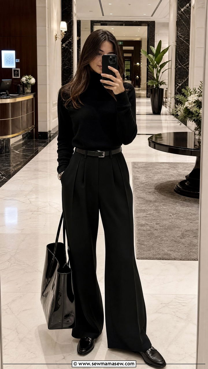 Black Turtleneck with Wide Leg Black Trousers Outfit - 25 Quiet luxury outfit ideas for travel