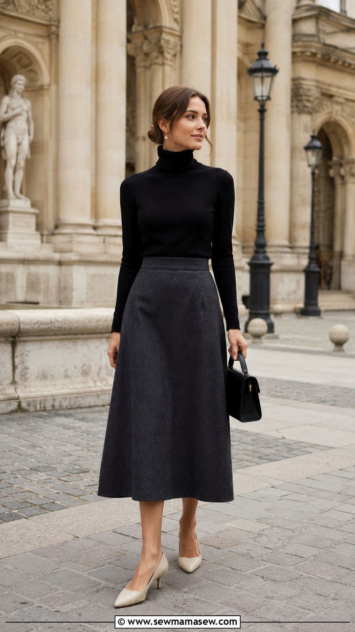 Black Turtleneck with Wool Midi Skirt and Kitten Heels - 20 Quiet luxury outfit ideas Brunello Cucinelli style