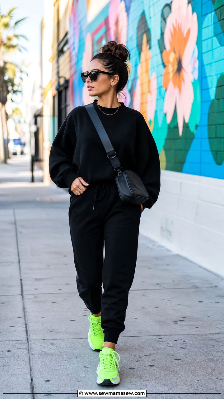 Black Two Piece Set With Colorful Sneakers - 25 Black loungewear set outfit ideas