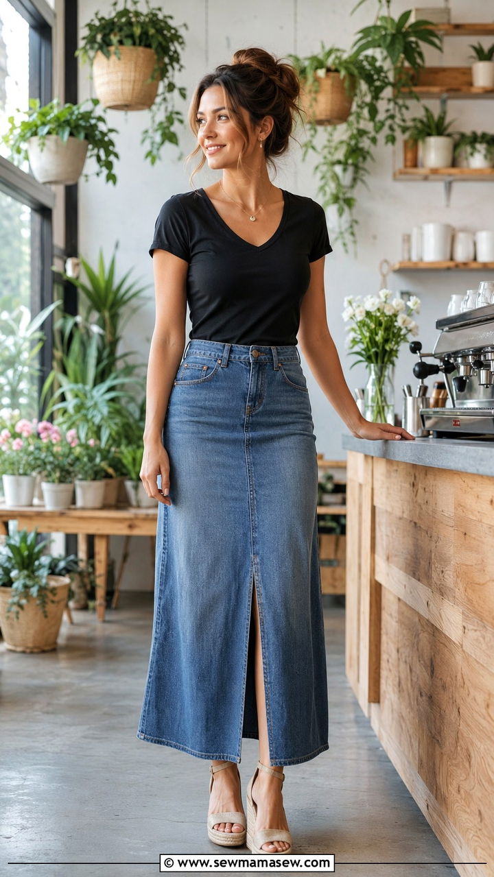 Black V Neck Tee with Denim Maxi Skirt and Comfortable Wedges - 30 Spring outfit ideas for barista