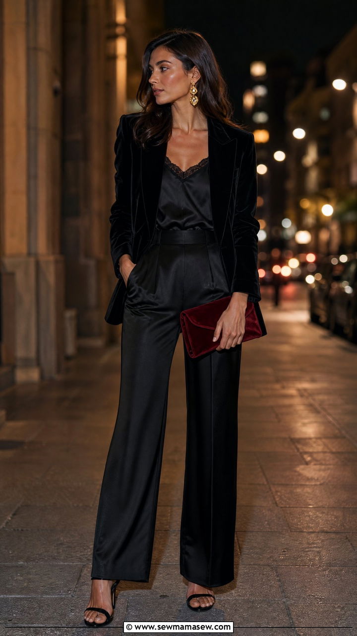 Black Velvet Blazer With Silk Wide Leg Trousers Outfit - 25 classy glamoratti outfits