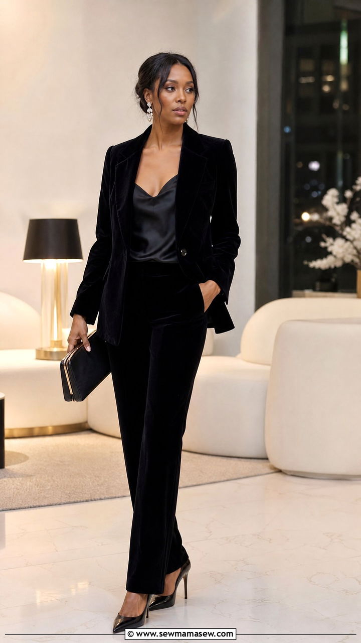 Black Velvet Blazer and Trousers Set - 25 Velvet matching set outfit ideas