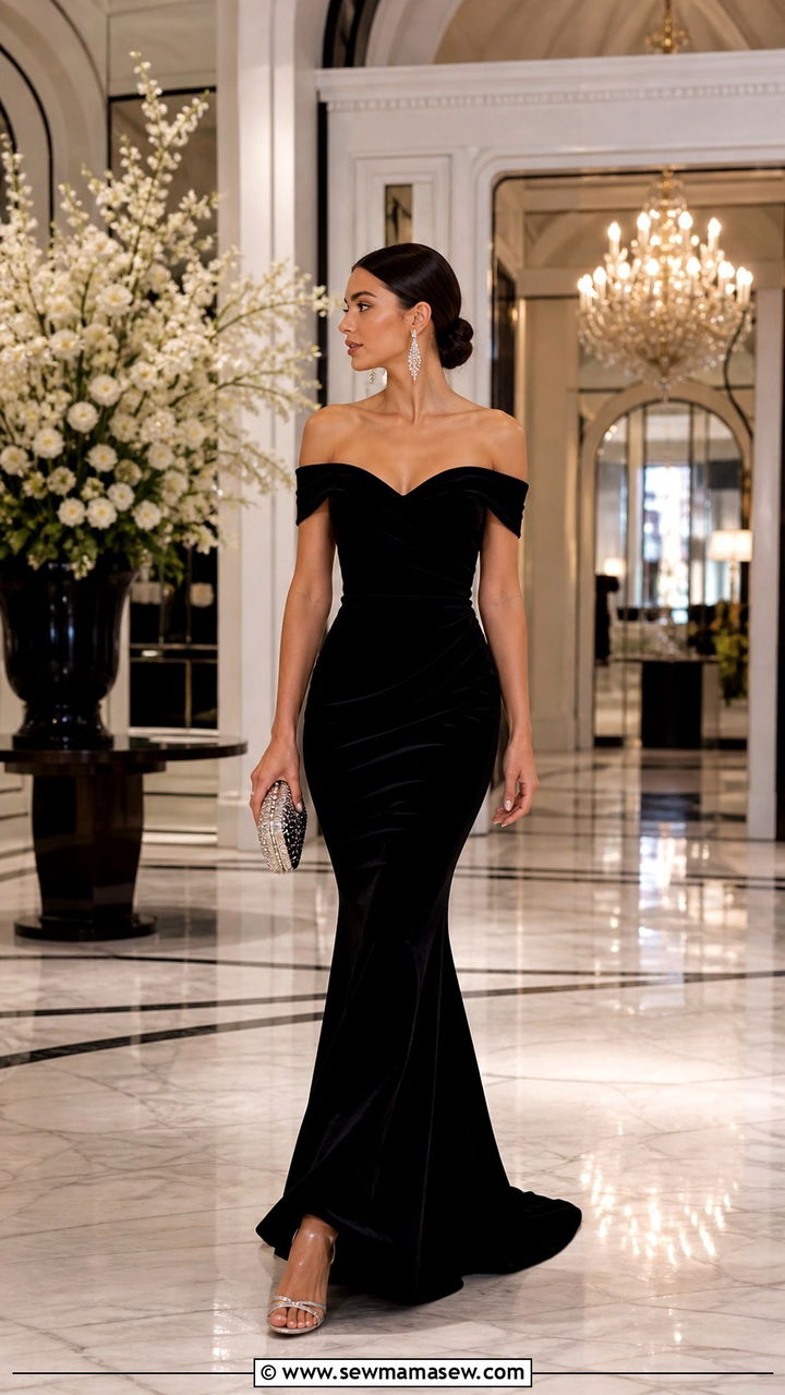 Black Velvet OffShoulder Gown For Anniversary Dinner - 20 anniversary dinner outfit ideas