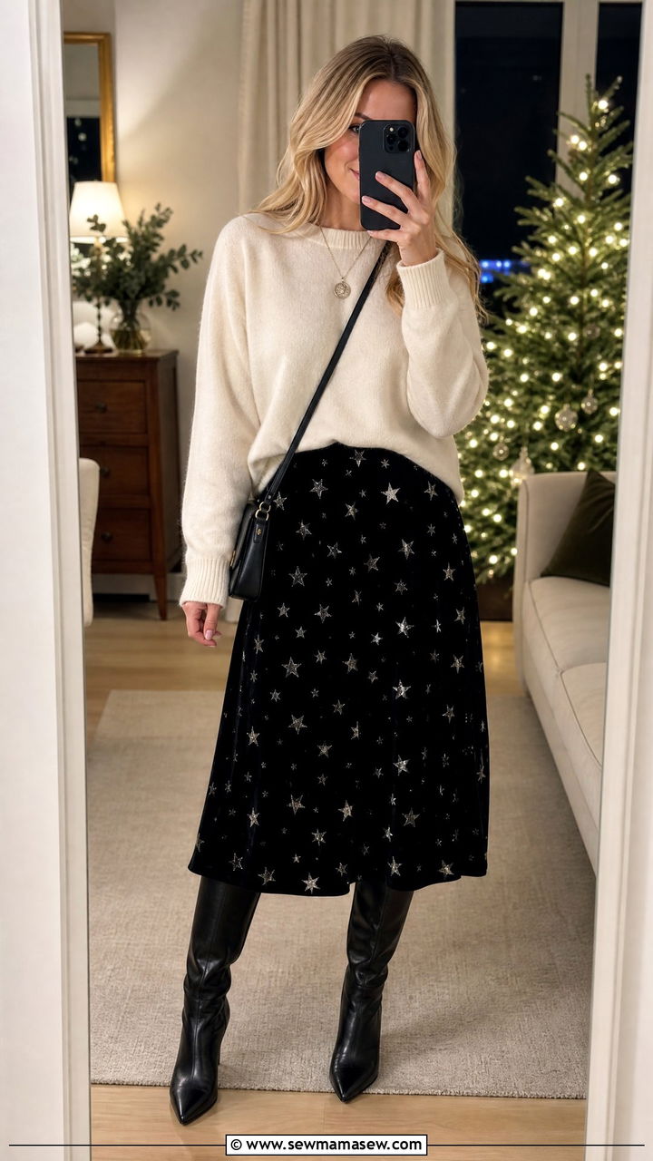 Black Velvet Star Print Midi Skirt With Cashmere Sweater - 25 classy celestial outfits