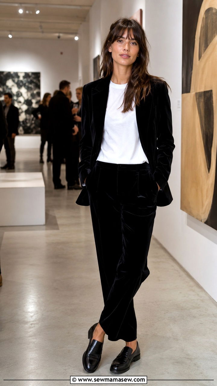 Black Velvet Suit and White T Shirt Outfit - 20 French girl outfit ideas Charlotte Gainsbourg