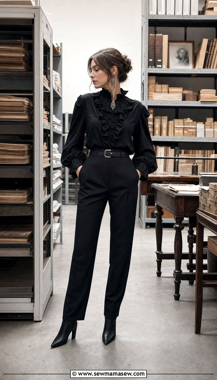 Black Victorian Blouse With High Waisted Trousers - 25 dark academia outfits aesthetic