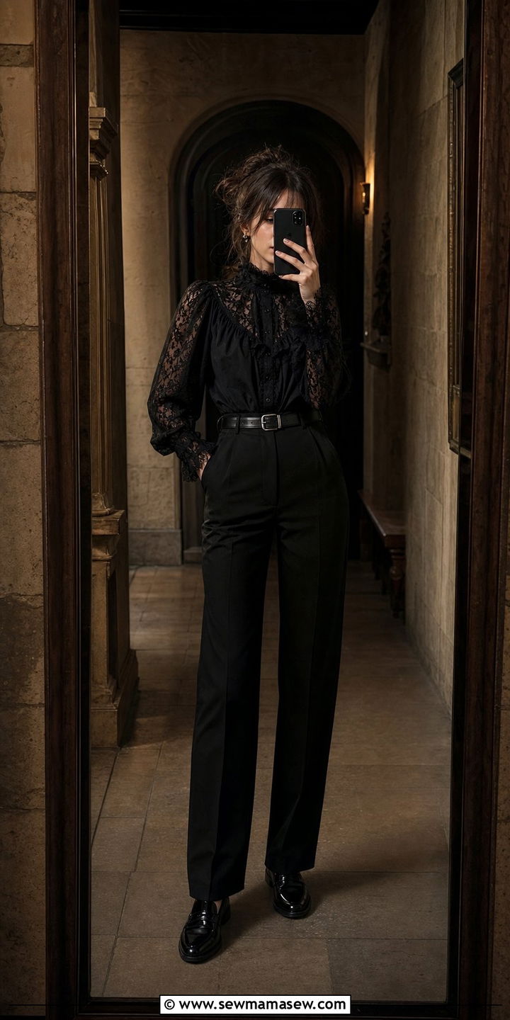Black Victorian blouse and high waisted pants - 25 dark academia outfits inspo