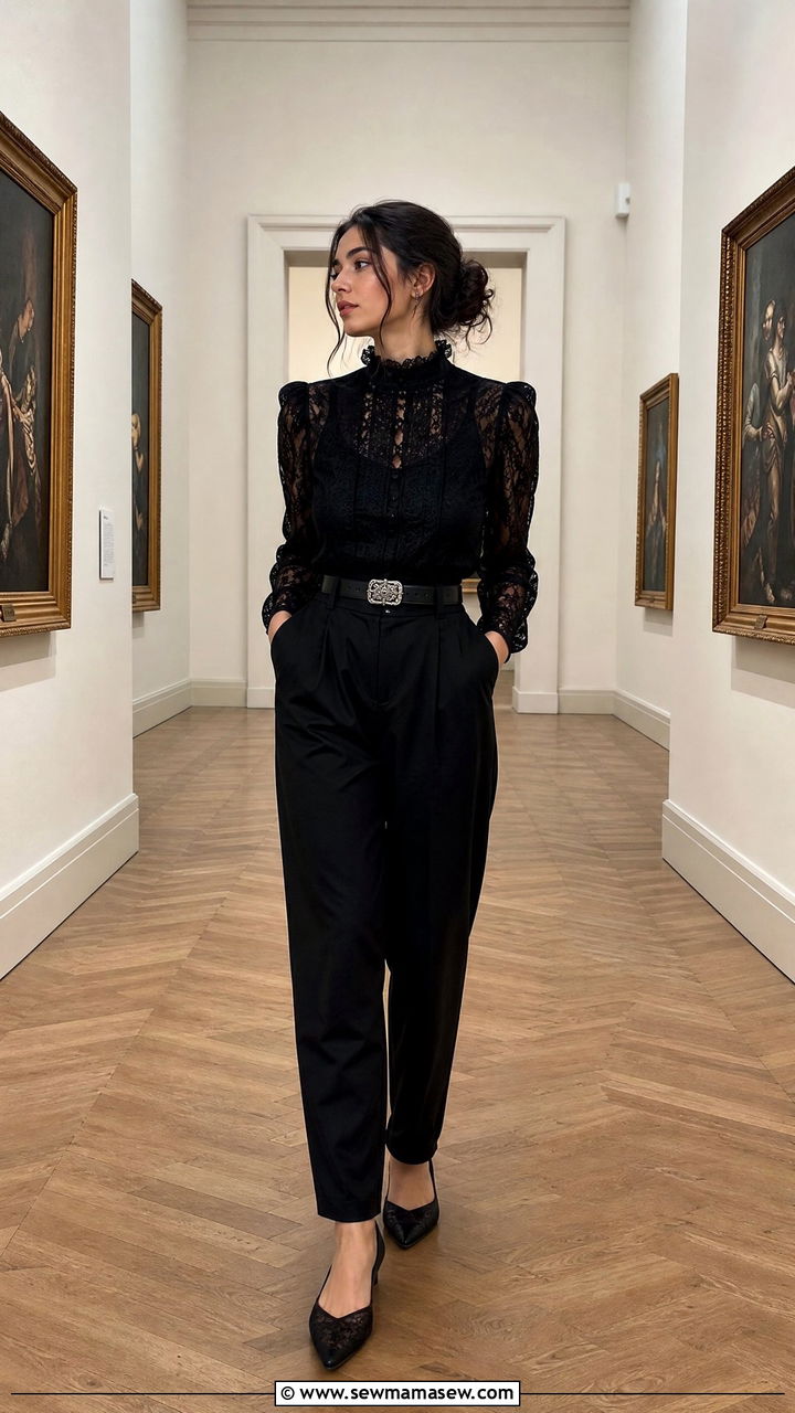 Black Victorian blouse with high waisted trousers outfit - 25 classy dark academia outfit ideas