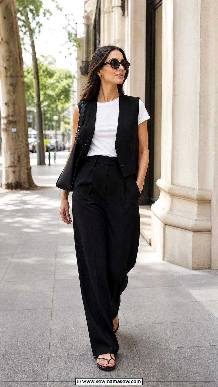 Black Waistcoat With Wide Leg Trousers - 25 casual waistcoat vest outfits
